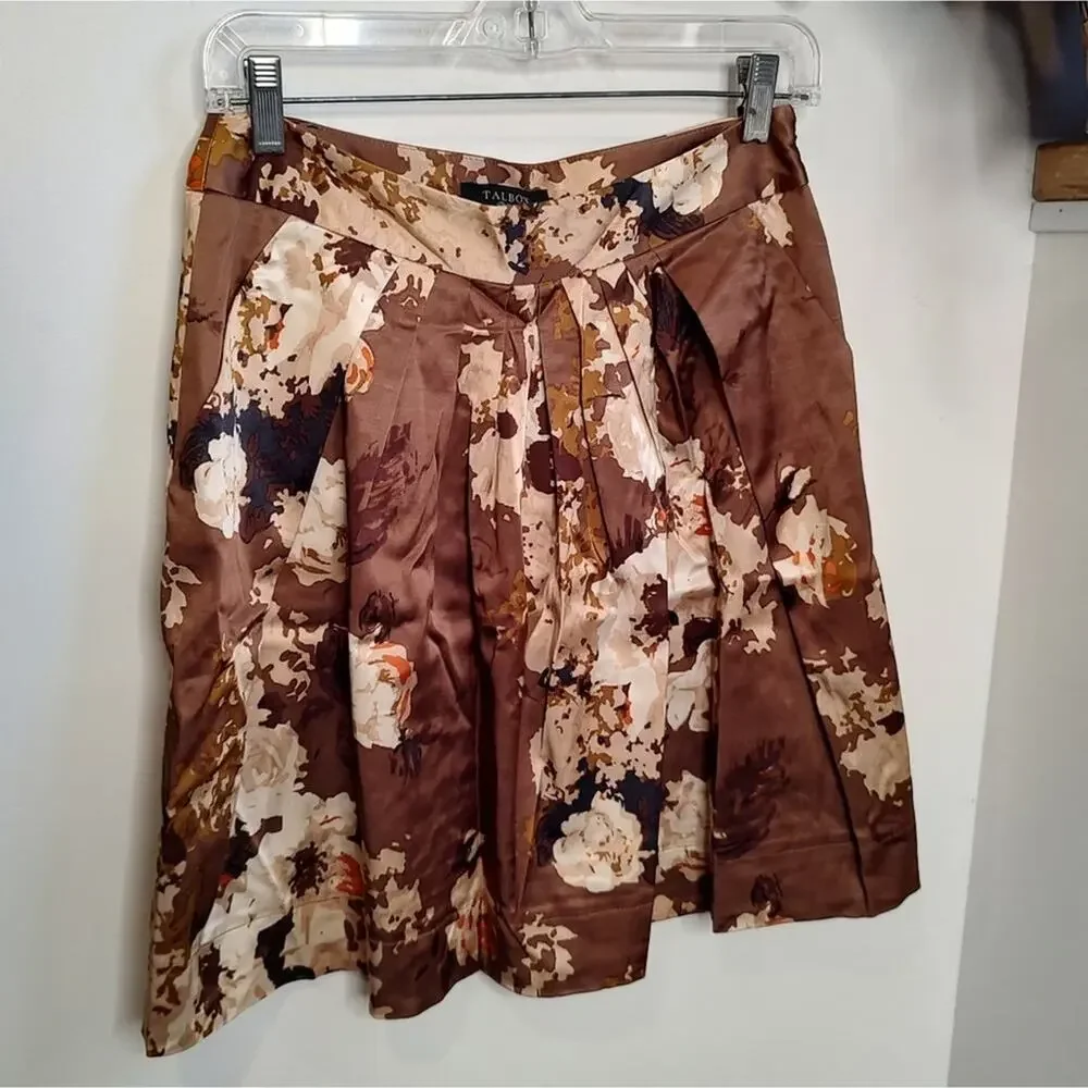 Talbots Petites Pleated Satin A-Line Skirt in a Brown Floral sprint Size…